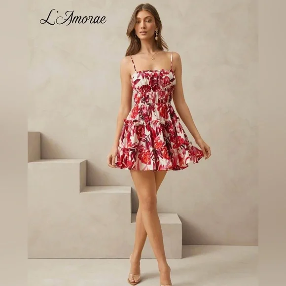 SHEIN Red Pink Cream Tropical Print Ruffle Mini Sundress Sz Medium New With Tags - Picture 3 of 11